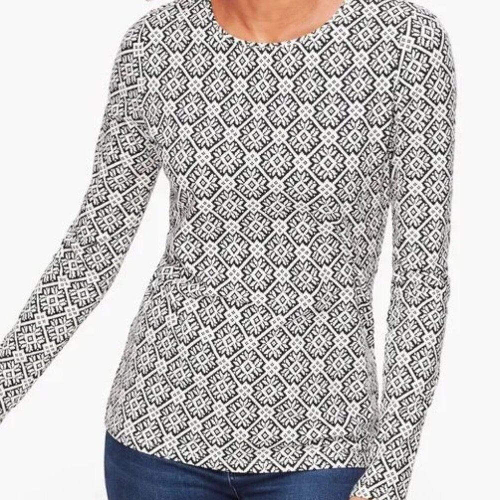 NWT The Talbots Tee Sz 1XP Black White Long Sleeve Crewneck Top Aztec Geometric